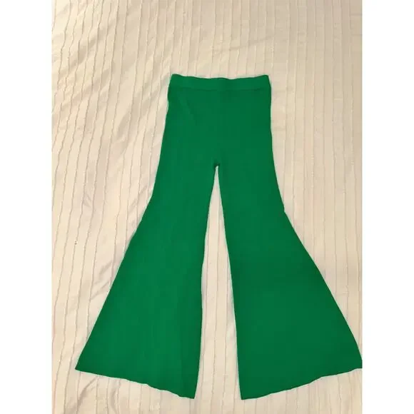 Emerald Green Ribbed Knit Flare Pants High Rise Y2K 70s Retro Festival Sz Small - Picture 11 of 13
